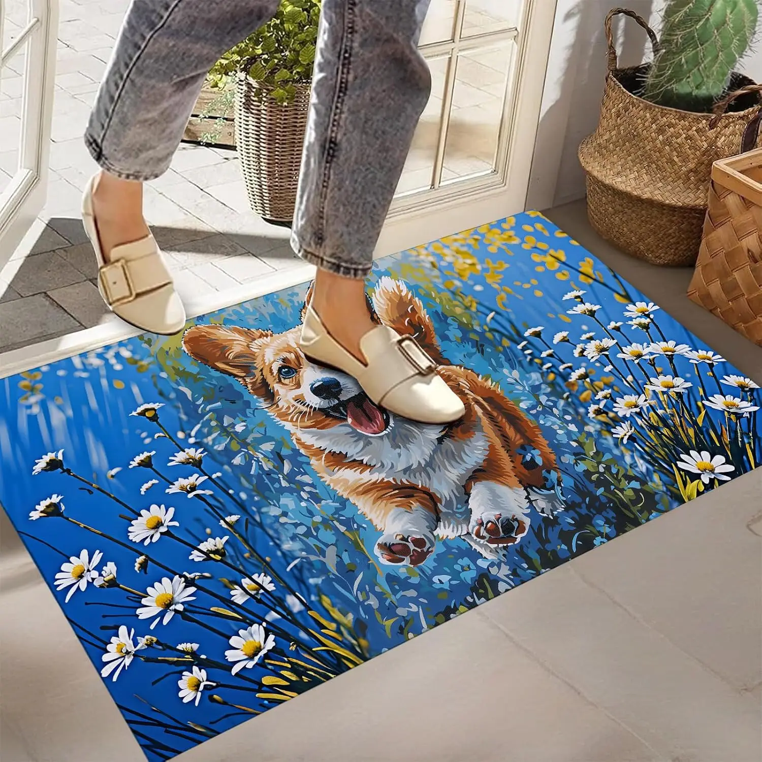 Cute Dog Floral Spring Daisies Doormat Polyester Floor Mat for Pet Lover Entryway Rug Porch Decor Puppy Gift Indoor Outdoor Mat