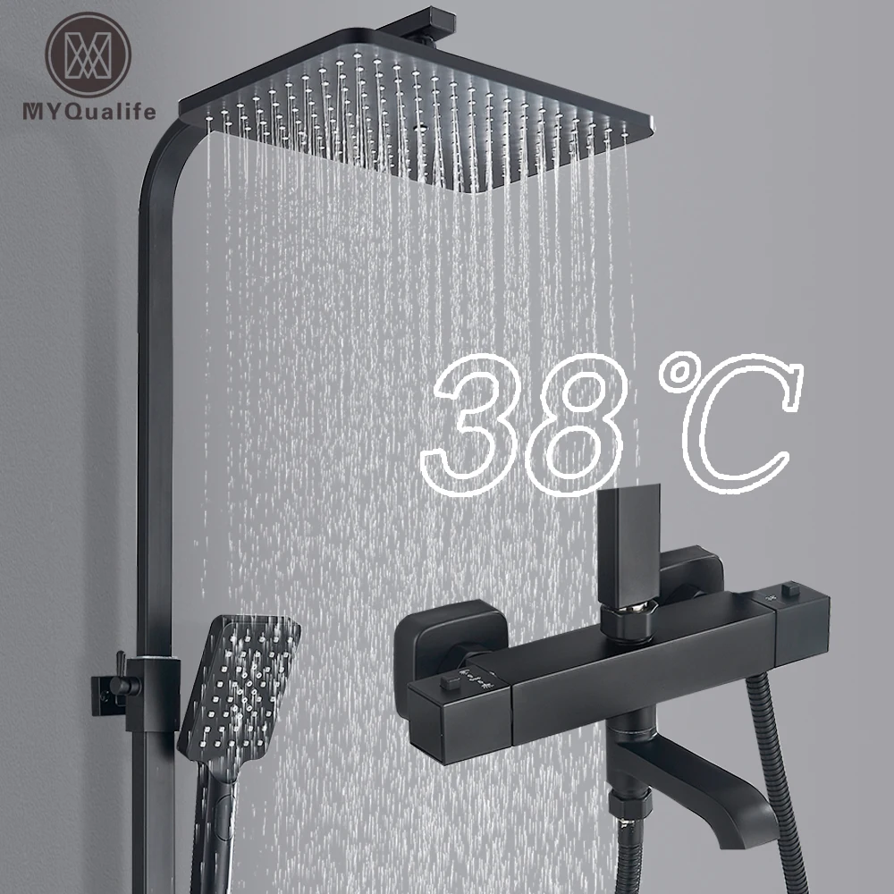 Black Thermostatic Shower Faucet Set 38℃ Rainfall Shower Mixer Crane Multifunctional Bathroom Faucet Bathtub Tap With Shelf