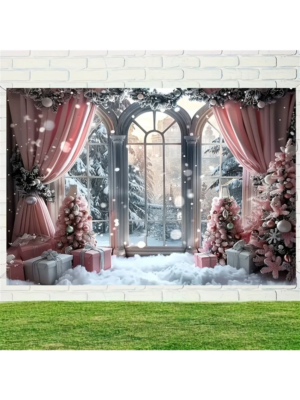 Pink magic charming snow background Christmas tree and gifts suitable for living room, outdoor decoration