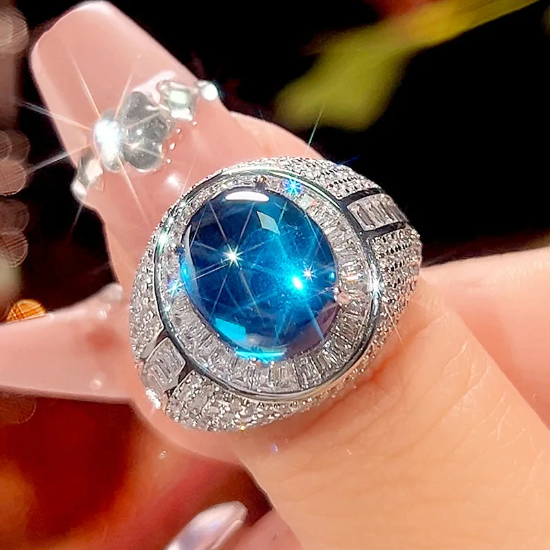 

New jewelry blue spinel plain surface fluorescent vintage ring with a 10*12 main stone