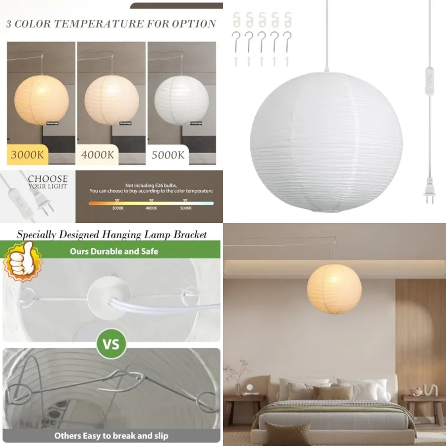 Paper Lantern Lamp Plug in Hanging Lamp, 20in White Rice Paper Pendant Light with 19.7FT Cord Large Globe Japanese Japandi Wabi