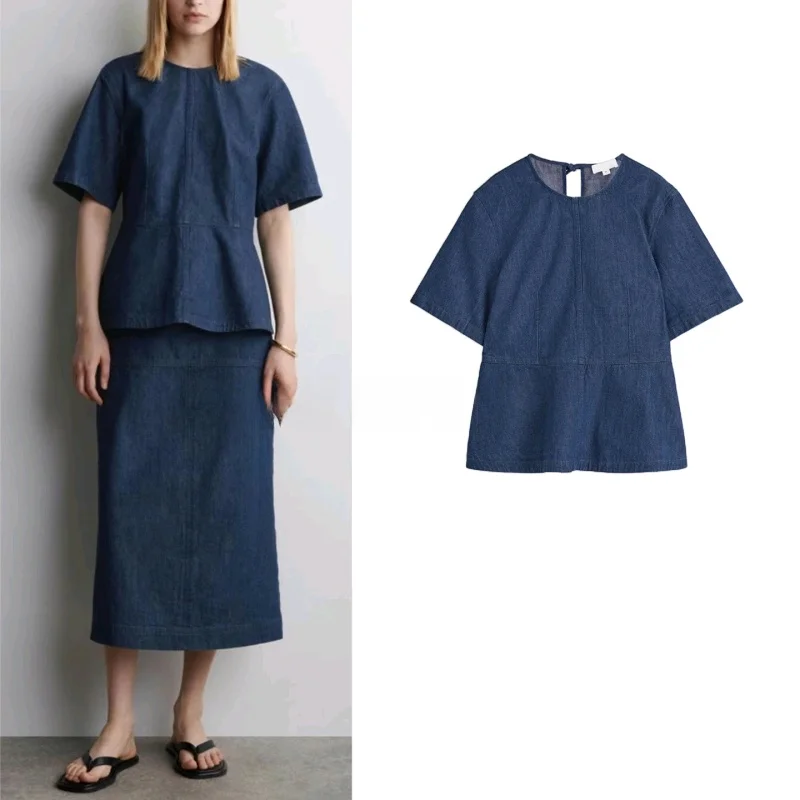 夏の新しいレディースカジュアルコットンデニムスタンダードフィットTシャツ、ウエストプリーツ入り、快適なルーズスタイル、ラウンドネック、半袖