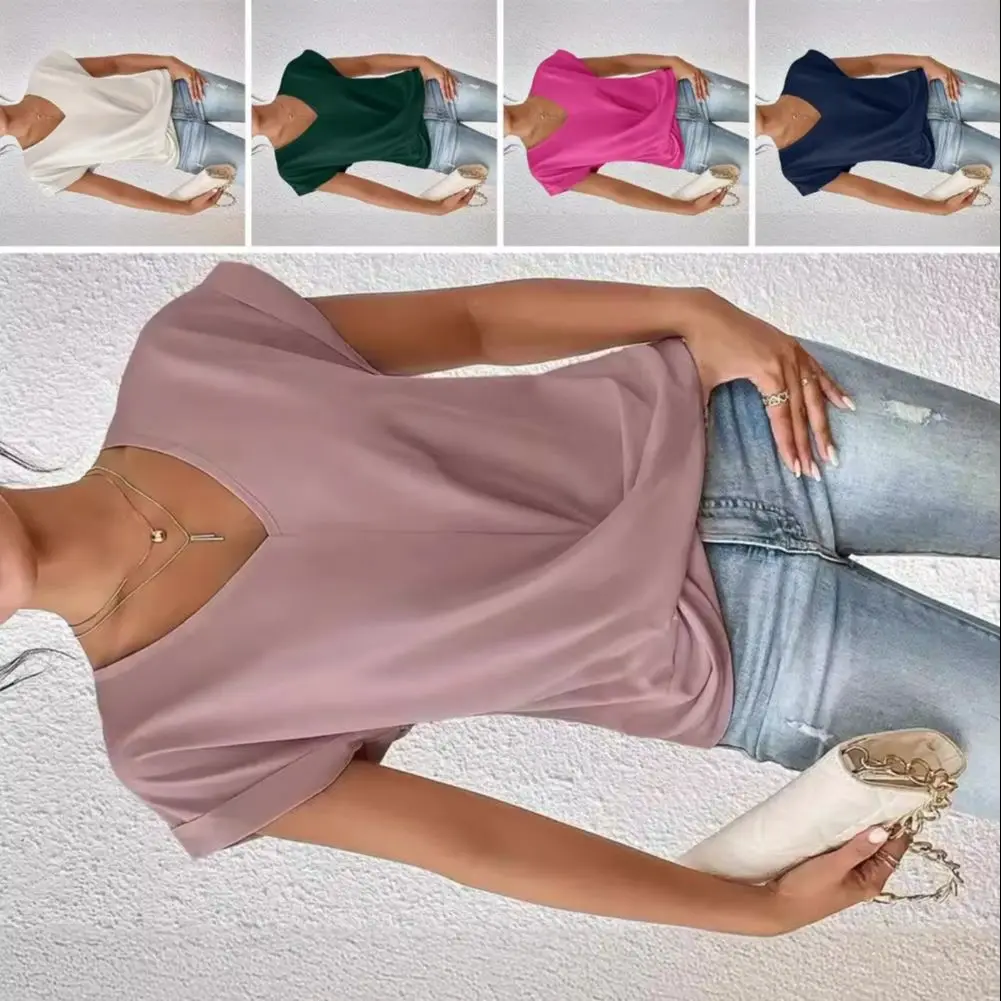 2025 Women Tops V-Neck Short Sleeve Wrinkle Design Tee Shirt Solid Color Loose Fit Cross-Pleated Tops Daily Wear