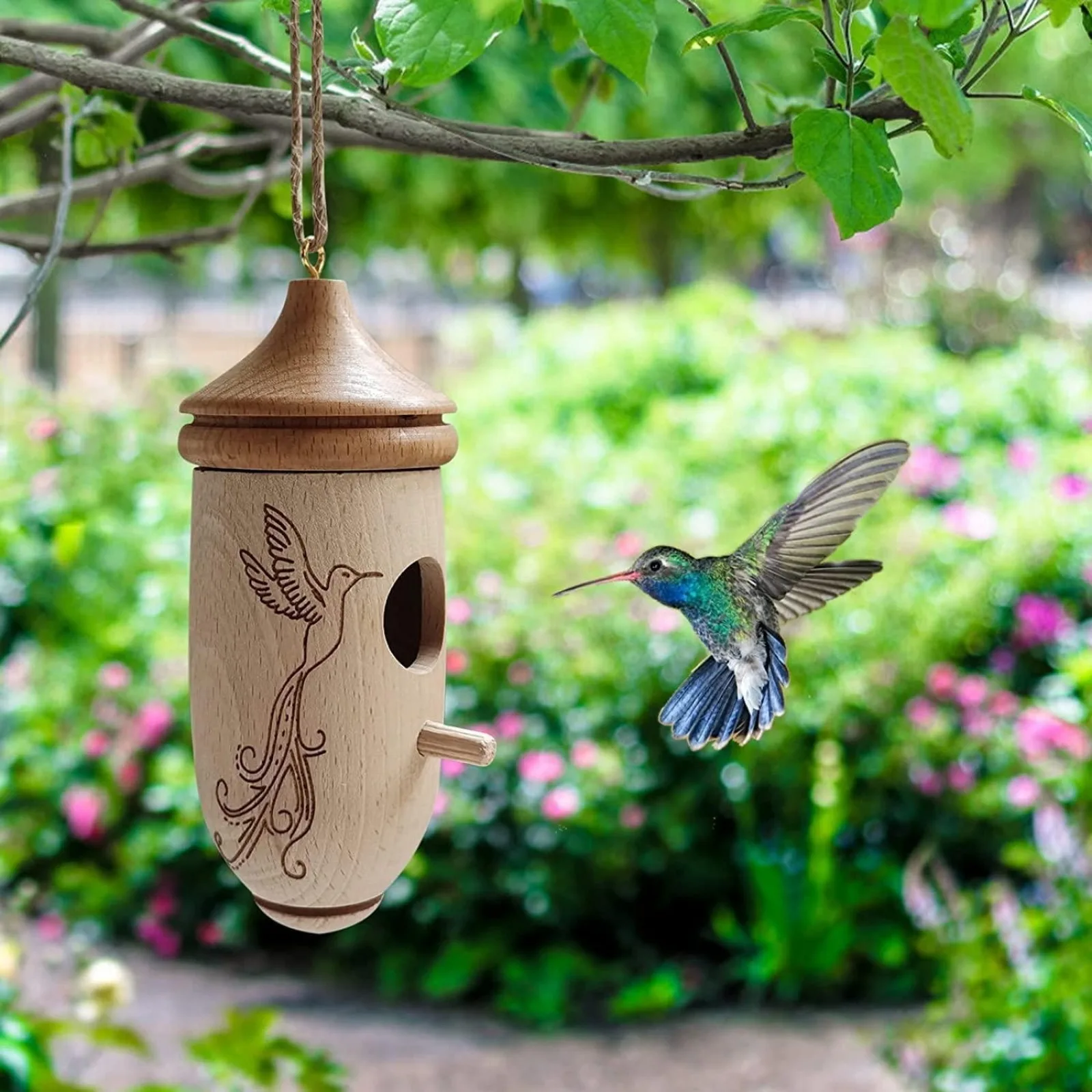 Hummingbird House,Wooden Outside Hanging Bird Nest,Natural Crude Wood Humming Home Decora for Wren Swallow Sparrow Finch