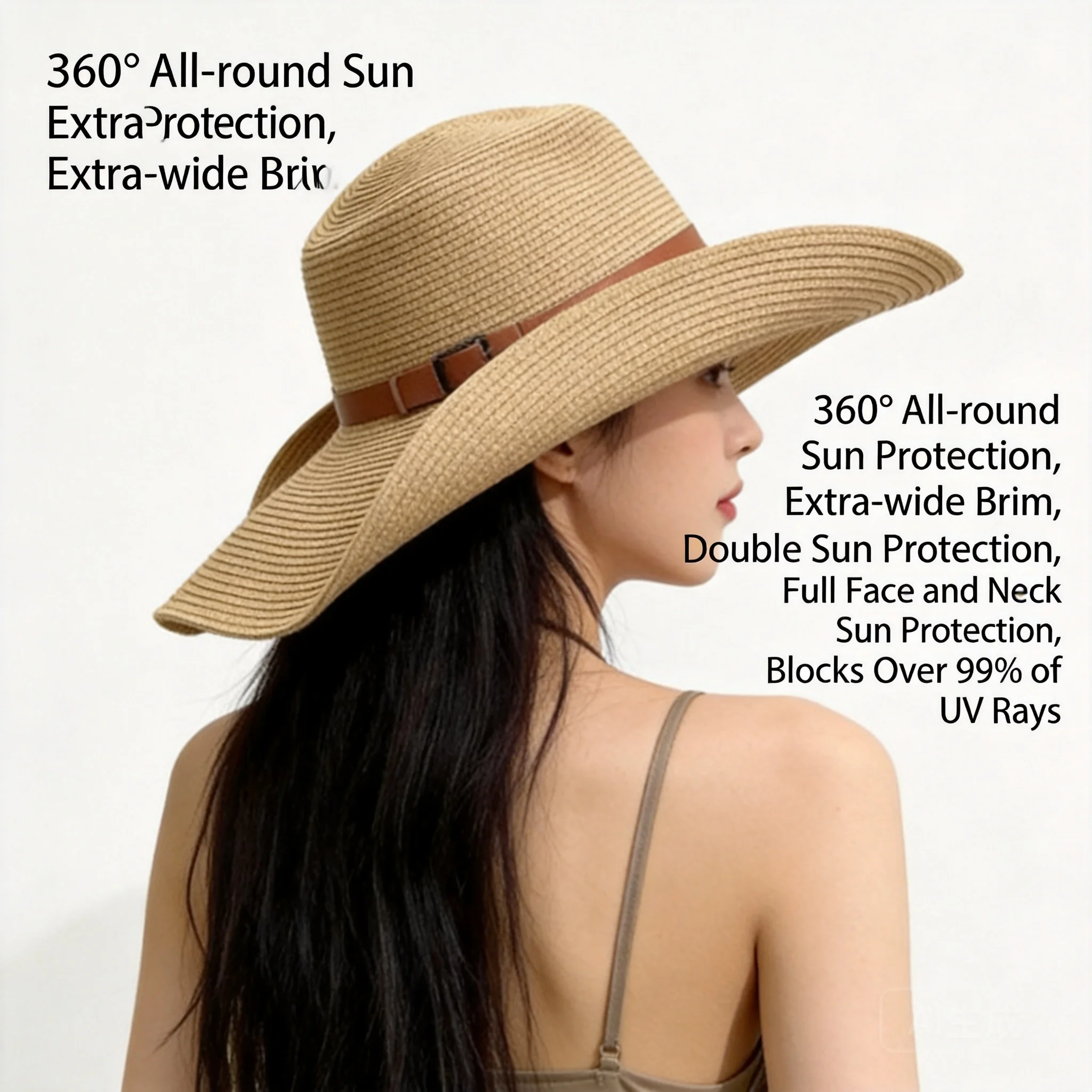 Cowboy Hat Straw - หมวกคาวบอยปีกกว้างทำจากฟางตกแต่งด้วยเข็มขัดหนังสำหรับผู้ชายและผู้หญิง ป้องกันแสงแดด UPF 50+ พับเก็บได้ ปรับขนาดได้