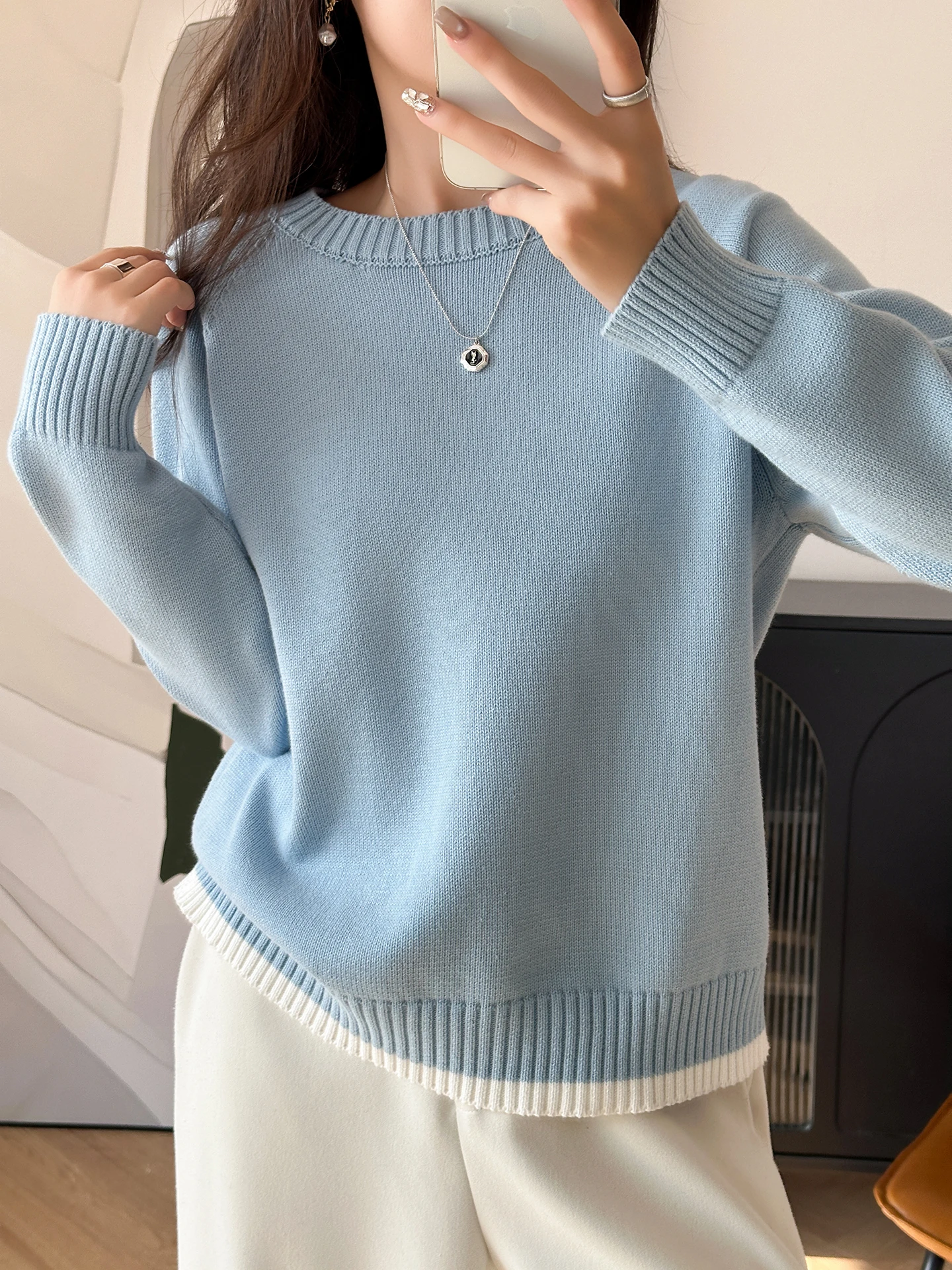 

High-End round Ne Pure Cotton Knitted Sweater Women's Loose Thi Long Sve Base irt Sli Slimming Comfortable Top