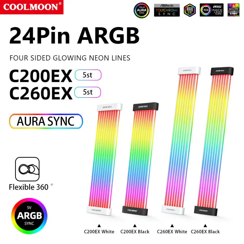 COOLMOON RGB 24PIN Motheboard Extension Cord Wire ARGB PC Case LED Light Bar 5V 3PINx2+4PIN Desktop Computer Lamp Strip Decor