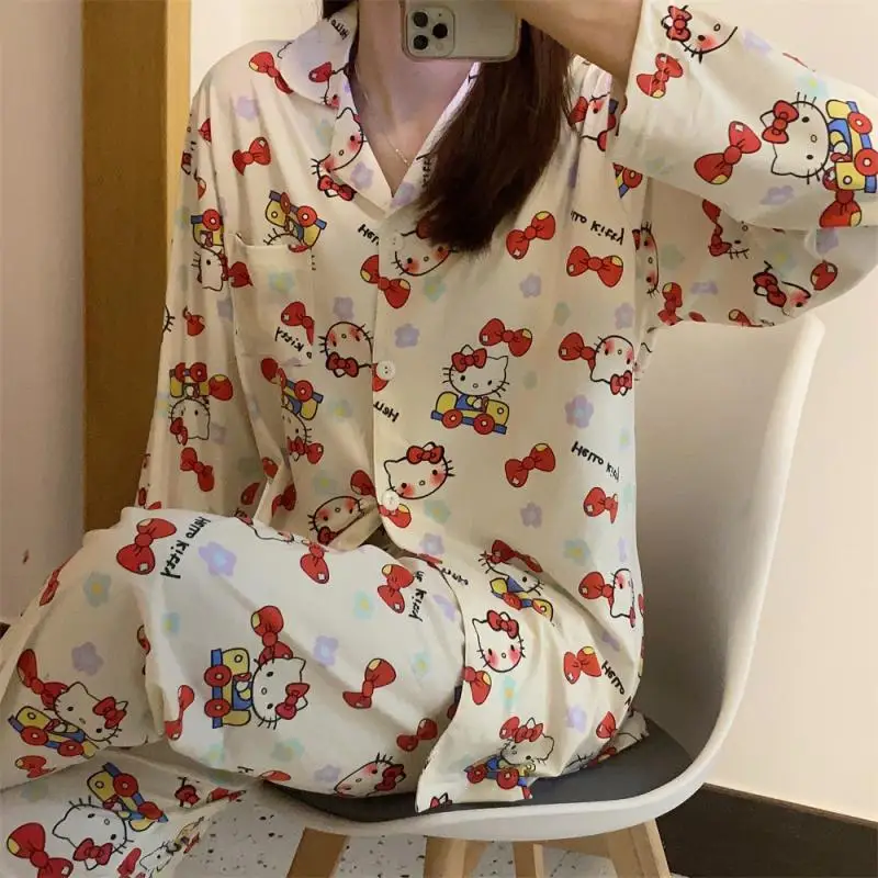 Sanrio Leisure Time Flip Collar Pajama Set Spring and Autumn Kawaii Hello Kitty Comic Fashion Cardigan Go Out Leisure Wear Kit