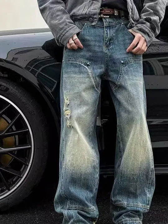 

Retro American Washed Men's Jeans Casual High Street Brand Hole Punch Loose Wide Leg Long Pants Straight Tube Jeans
