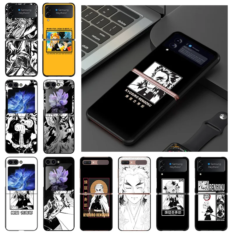 Black Matte Anti-Drop Phone Case For Samsung ZFlip6 5G ZFlip5 ZFlip4 Galaxy Z Flip 3 4 5 6 Demon Slayer Rengoku Kyoujurou Cover