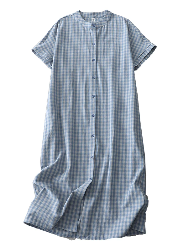 

Summer Vintage Color Blo Blue Plaid Long irt Dr Women's Loose Fit Stand Collar Clothing Commute Sle Midi Dr