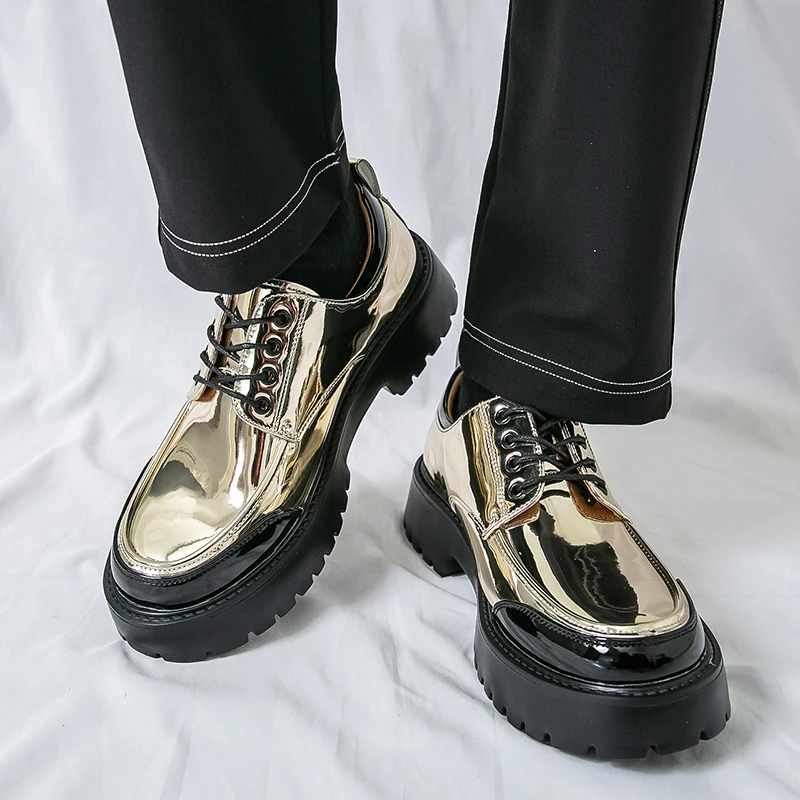 

New Lightweight Casual Men Shoes Round Headed Patent Leather Splicing Height Increasing Classic Versatile Fashionable Shoe Style