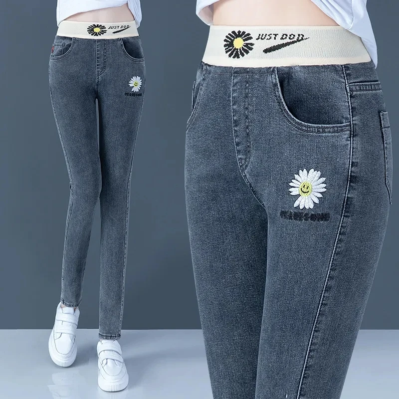 Oversize 34 High Waist Stretch Jeans Women Fashion Daisy Embroidery Skinny Pencil Vaqueros Casual Denim Leggings Cowboy Pants