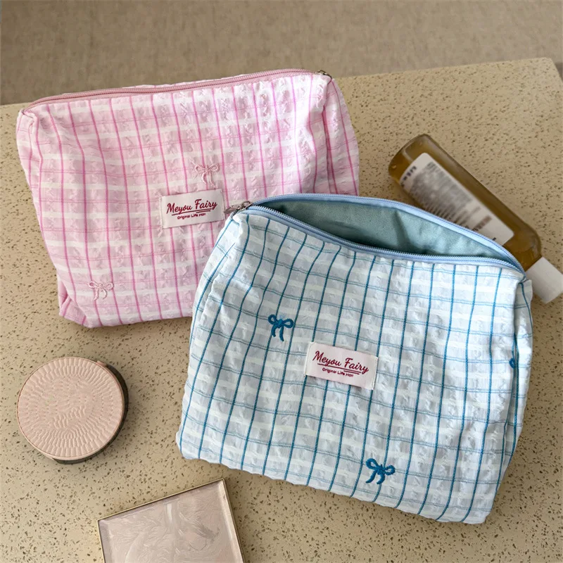 Korean Plaid Embroidered Bow Makeup Bag Large Capacity Travel Toiletry Pouch Portable Handheld Storage Organizer for Women Girls