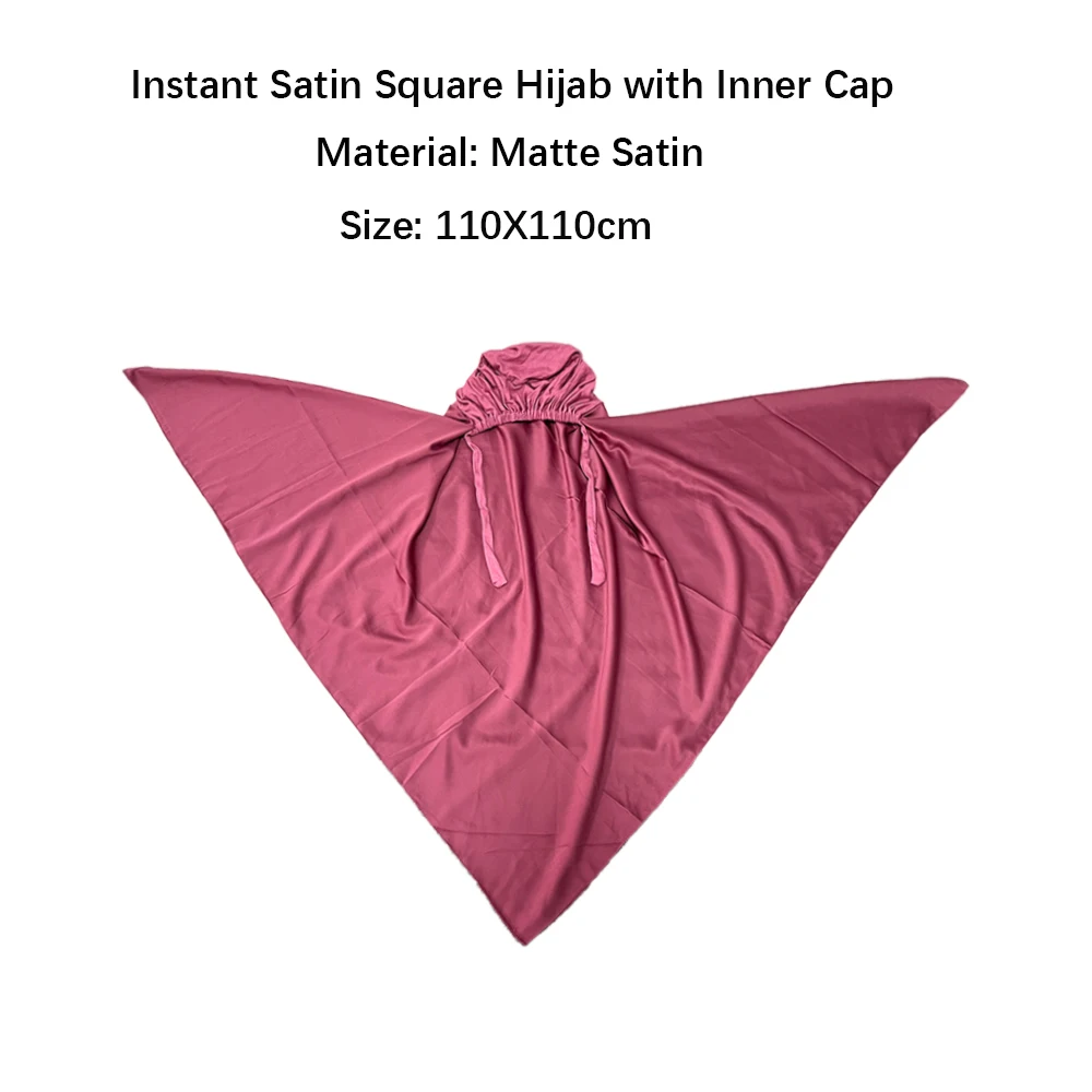 Instant Bawal Matte Silk Satin 110X110cm Square Matte Satin Tudung Scarf With Inner Cap Muslim High Quality Office Lady Hijab