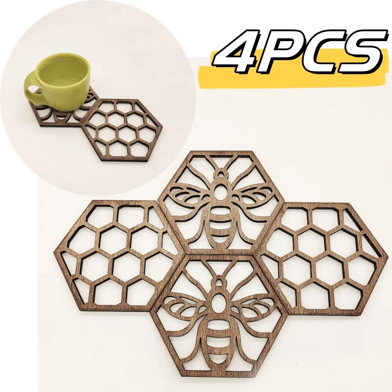 New Hive Bee Wooden Coaster Honeycomb Design Cup Pad Hollow Hex Tabletop Pad Home Decor Bee Lovers Collection Housewarming Gifts