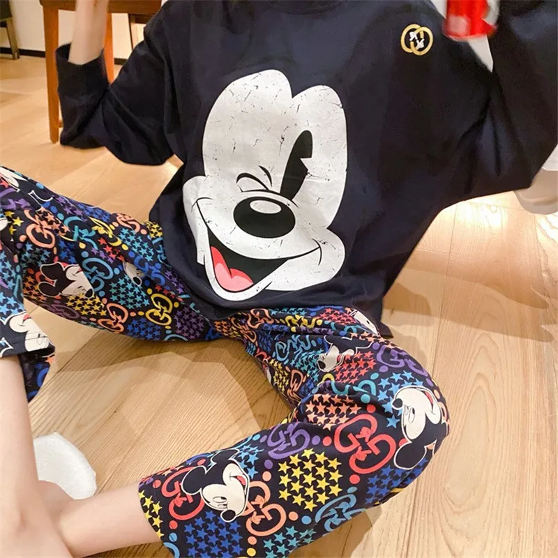 Pyjama imprimé dessin animé Disney Mickey, 2 pièces, manches longues, pantalon femme, mignon, vêtements de maison chauds, collection printemps et