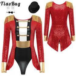 Kobiety cekiny cyrk Ringmaster strój z długim rękawem z frędzlami na ramię sukienka trykot Halloween przebranie w górę frak body