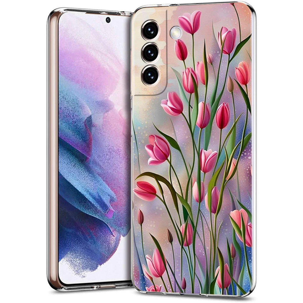 Tulip Transparent Cover for Samsung Galaxy S24 S23 S22 S20 S21 FE Ultra S24 S23 S10 S10E S9 Plus 5G Phone Case Capas Fundas Bags