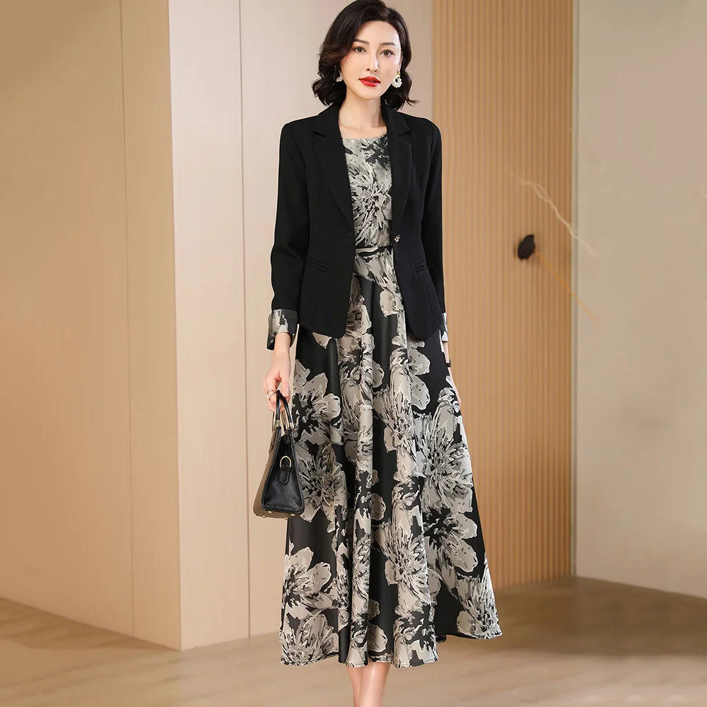 New Women Elegant Print Dress Suits Spring Autumn Fashion Patchwork Single Button Slim Blazer and O-Neck Sleeveless Floral Dress