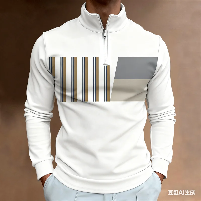 เสื้อเชิ้ตผู้ชายคอตั้งแบบซิปครึ่งตัว ลายพิมพ์ 3 มิติ ลายทาง สำหรับฤดูใบไม้ร่วง สไตล์ลำลองธุรกิจ แห้งเร็ว ผลิตจากโพลีเอสเตอร์ แขนยาว