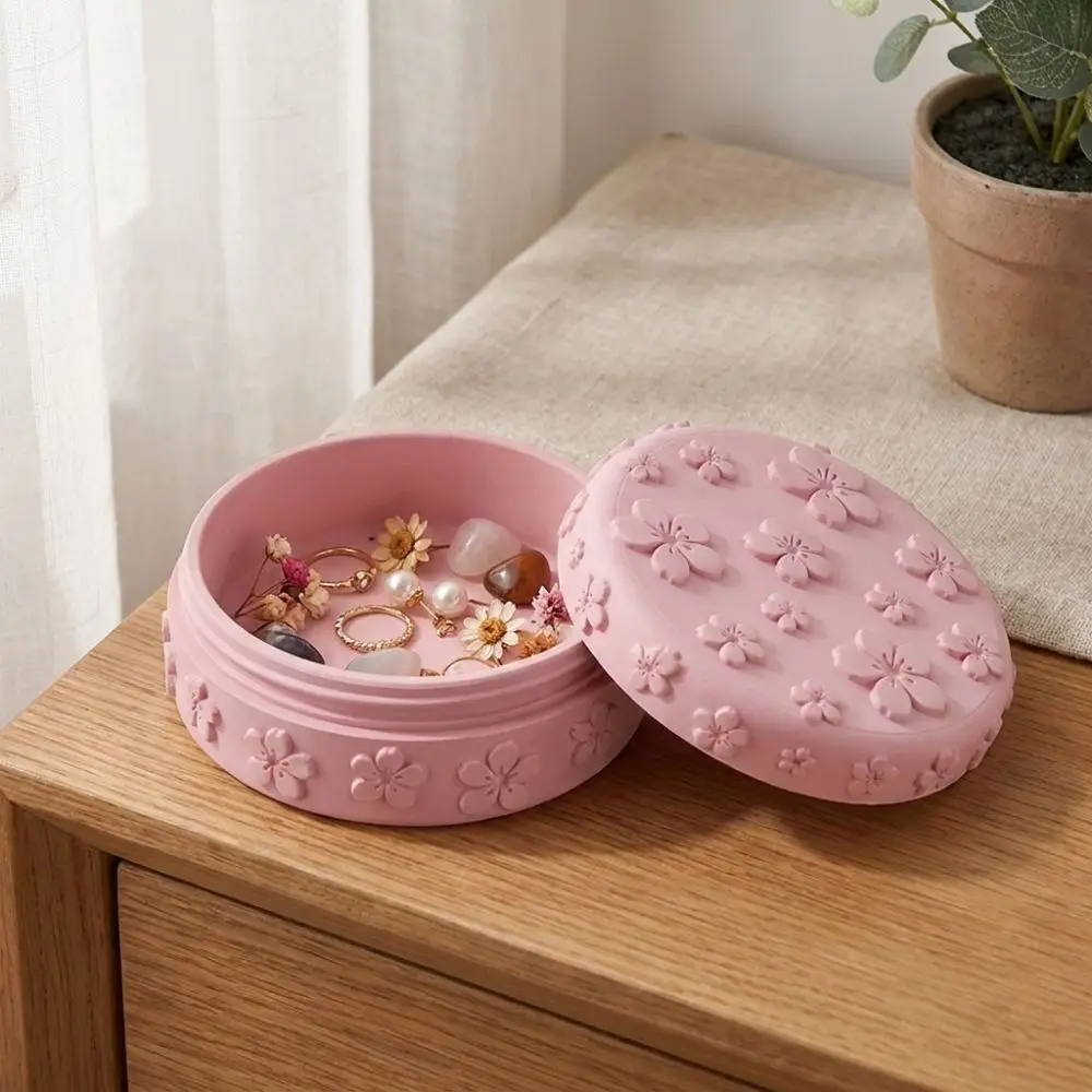 3D Printed Makeup Cotton Storage Box Embossed Cherry with Lid Jewelry Display Box Round Sealed Aesthetic Powder Puff Box