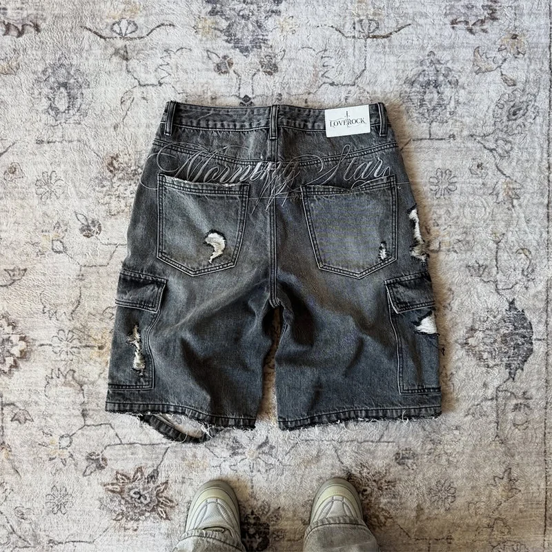 

Y2K винтажные потертые джинсы с большими карманами-карго и несколькими рваными джинсовыми шортами, модные мужские и женские повседневные свободные уличные шорты