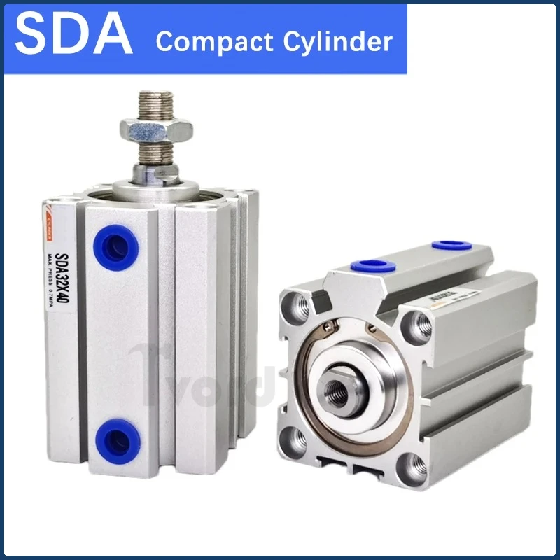 SDA16 20 25 32 40 50 63 80 100mm Bore Compact Thin Air Cylinder 5-100mm Stroke Double Action Aluminium Pneumatic Cylinder