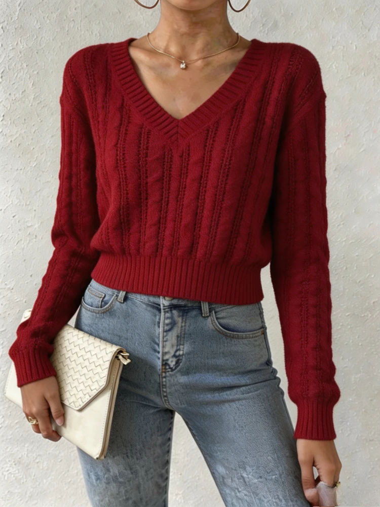 Women V‑Neck Twist Knit Pullover Sweater Elastic Long Sleeve Cropped Solid Khaki Loose Ladies Autumn Winter Casual Knitwear Top