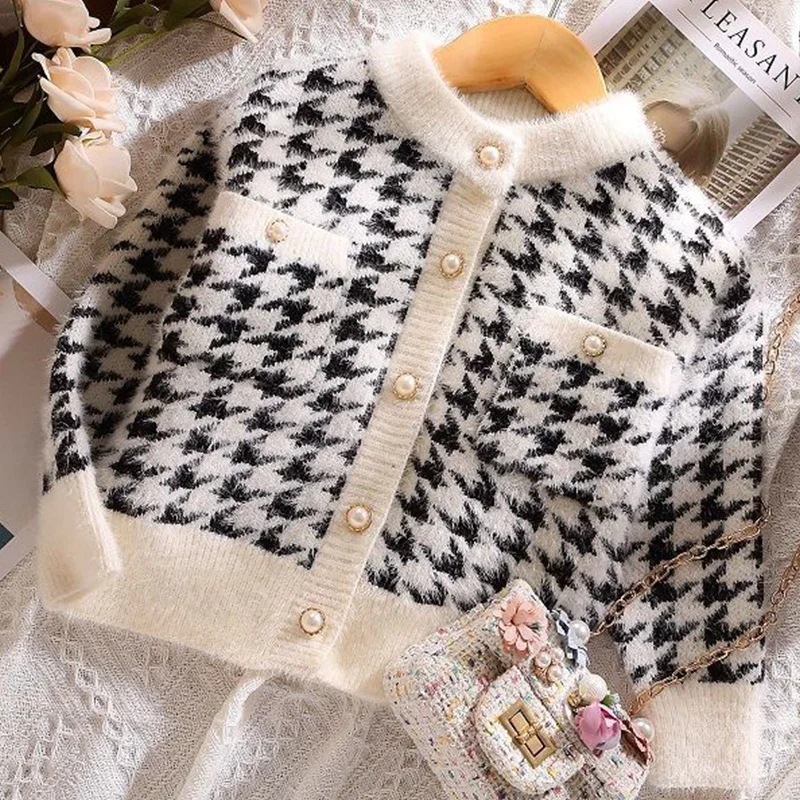 Girls\' Autumn Winter Y2K Sweet Houndstooth Cardigan Long Sleeve Kawaii Kids Sweater Fashion Lively Cute Korean Children\'s Tops