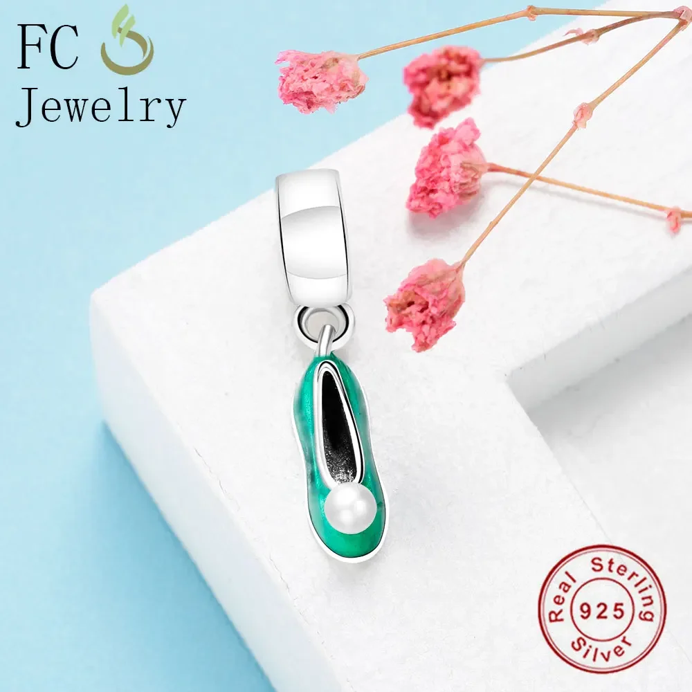 FC Jewelry Fit Original BrandCharms Bracelet100% 925 Silver Green Enamel Tinker Bell Shoe White Pearl Pendant Beads Berloque