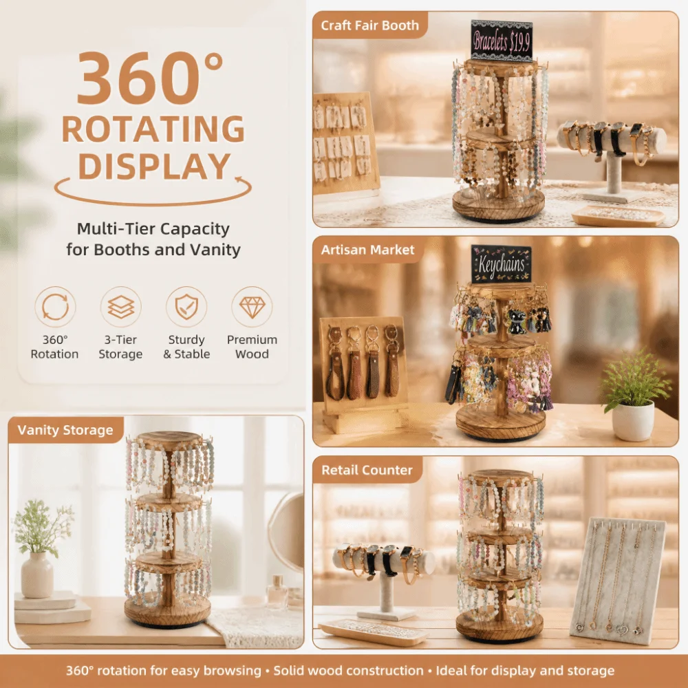 43*17.5cm Jewelry Display Stand 360° Rotatable Base Rustic Vintage Finish Wooden Necklace Display Stand Metal Hooks Multi-layer