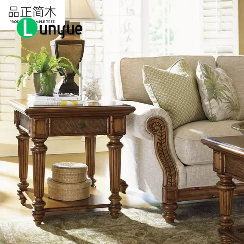 Retro Solid Wood Bamboo Rattan Square Side Table Multi Layer Drawer Storage Creative Living Room Furniture Southeast Asia