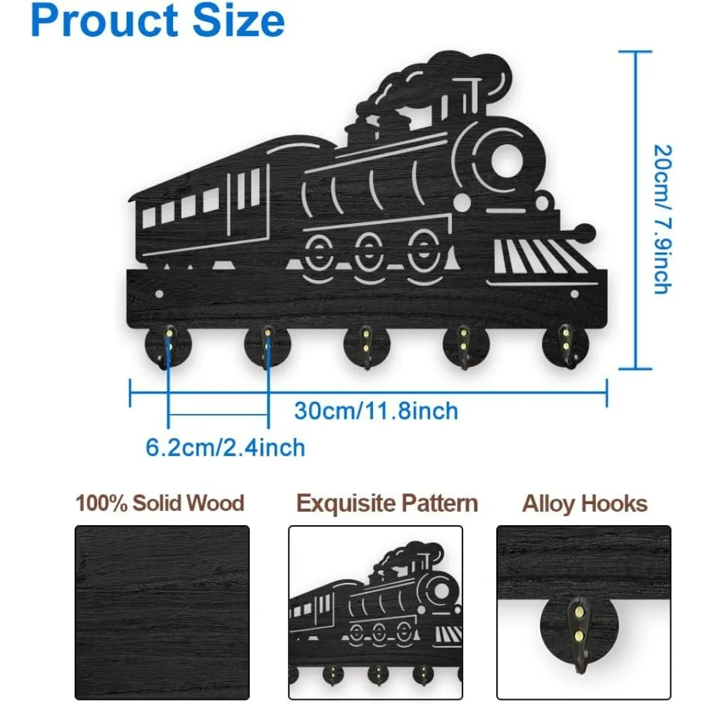 Wooden Steam Train Coat Rack Wall Mount Vintage Retro Train Key Hanger for Wall 11.8×7.9inch Train Tracks Key Holder Key Rack