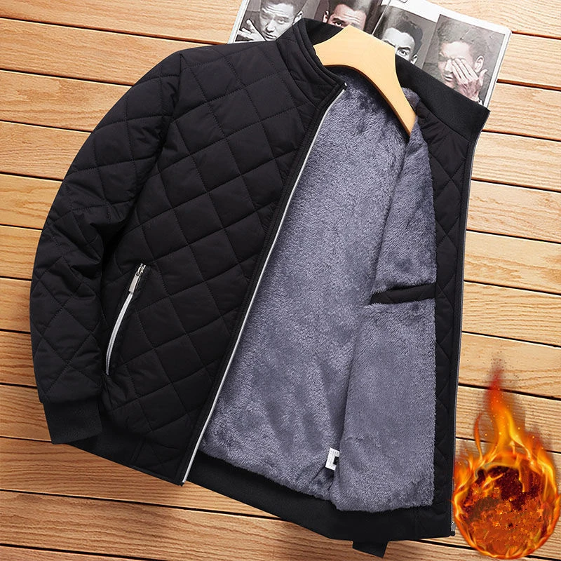 Autumn Winter Bomber Jacket Men Diamond Pattern Fleece Lined Casual Jacket Men Fashion Clothing 2022 Brand New Slim Fit Coat