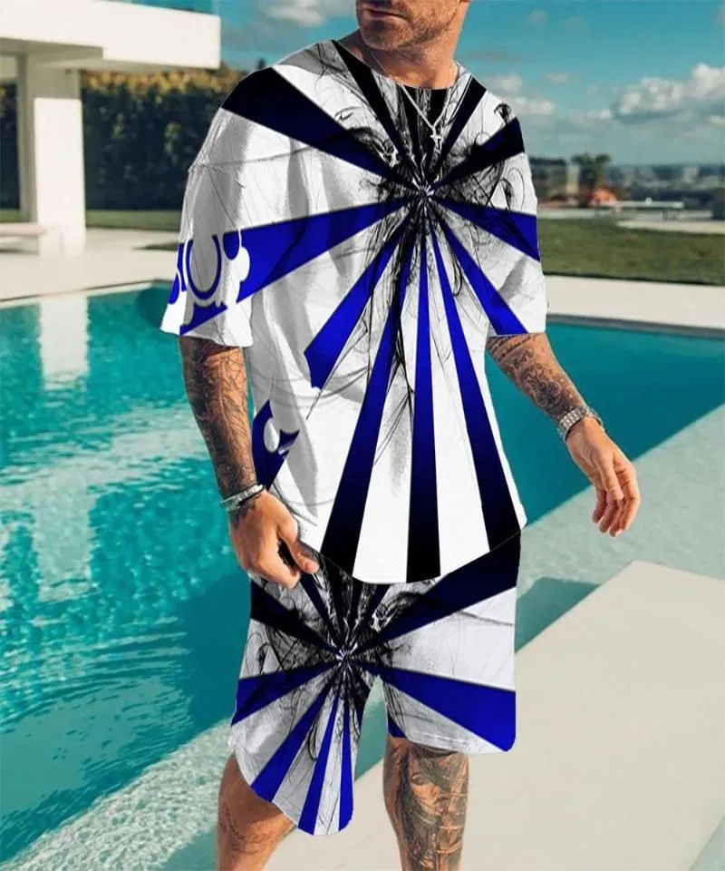 New Men's Round Neck T-shirt Set Printing Optical Illusion Pattern T-shirt 2 Piece Suit Fashion Men's Summer T-shirt Set