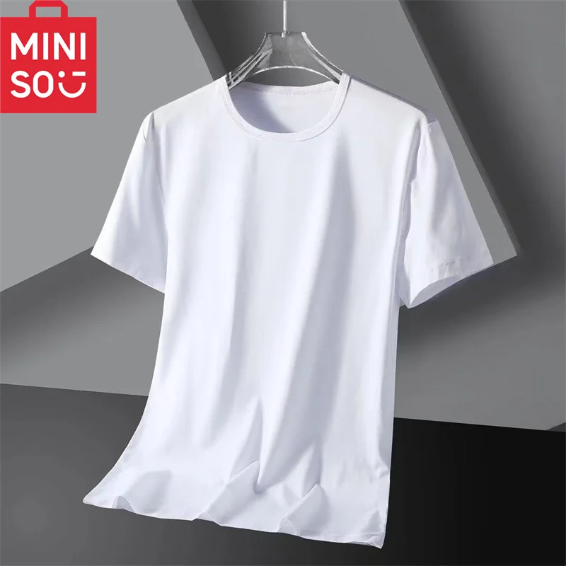 MINISO round neck ice silk men\'s short sleeved T-shirt summer men\'s solid color ice feeling base shirt