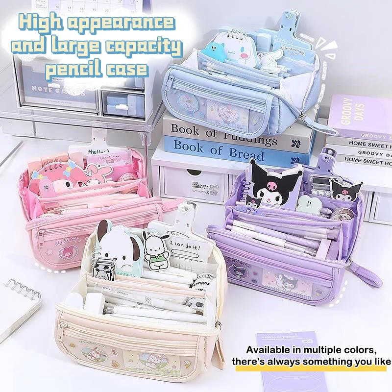 Sanrio-estuche de lápices Kawaii Kuromi Cinnamoroll Melody, bolsa de lápices escolares, gran capacidad, suministros de papelería, bolsas de cosméticos