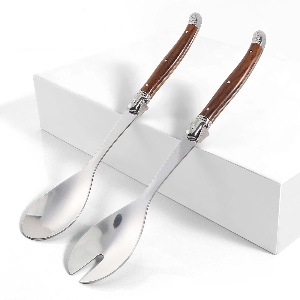 2pcs/Set Stainless Steel Salad Slotted Spoon Laguiole Salad Spoon Set Salad Stirring Spoons Wood Grain Plastic Salad Serving Set