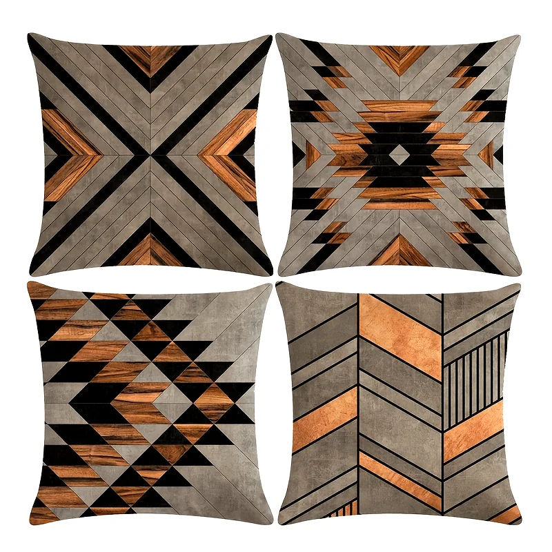 4pcs Retro Grey & Gold Geometric Linen Blend Pillow Covers, Ethnic Style, Sofa & Bedroom Decor, Single-Sided Print, (No Insert)