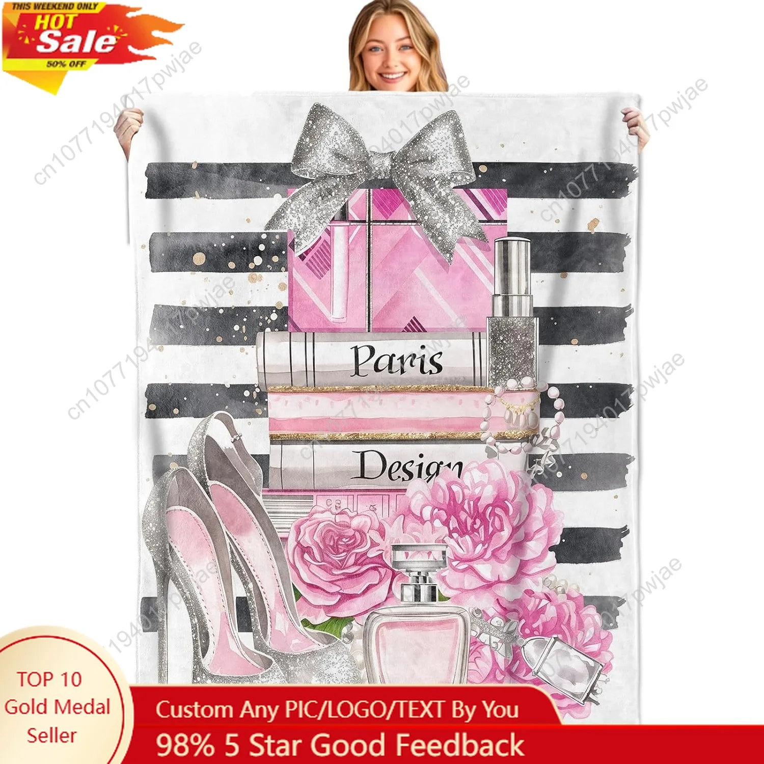 

Paris Glam Throw Blanket Soft Lightweight Flannel Chic Fashion Print with Heel Perfume Book Flower Black Pink Custom blankets