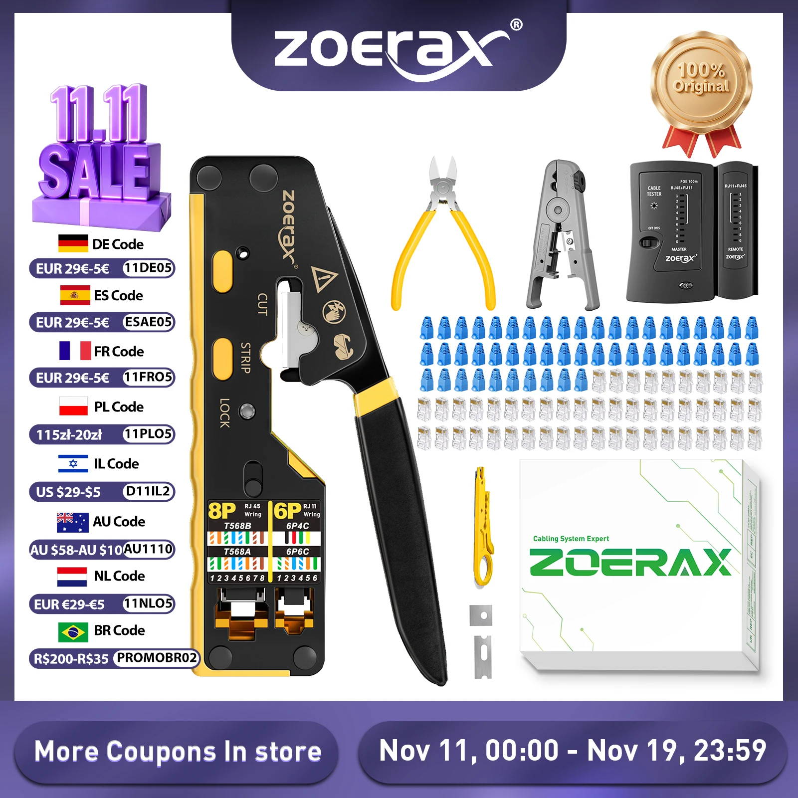 ZoeRax RJ45 CAT6 CAT5E ネットワークツールキット、圧着ペンチ、ケーブルテスター、ワイヤーカッター、ブレード、50個のCAT6 CAT5コネクタとプラグカバー