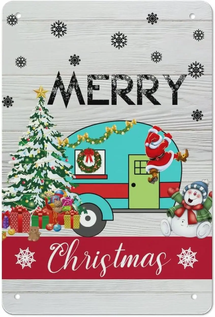 WengBeauty Christmas Tin Sign Merry Christmas Caravan Tree Snowflake Tin Painting Vintage Wall Decoration Indoor and Outdoor Hom