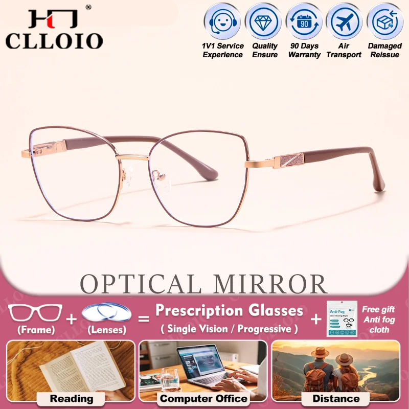 

CLLOIO Fashion New Alloy Cat Eye Multifocal Prescription Glasses Women Anti Blue Light Myopia Reading Optical Customized Eyeware
