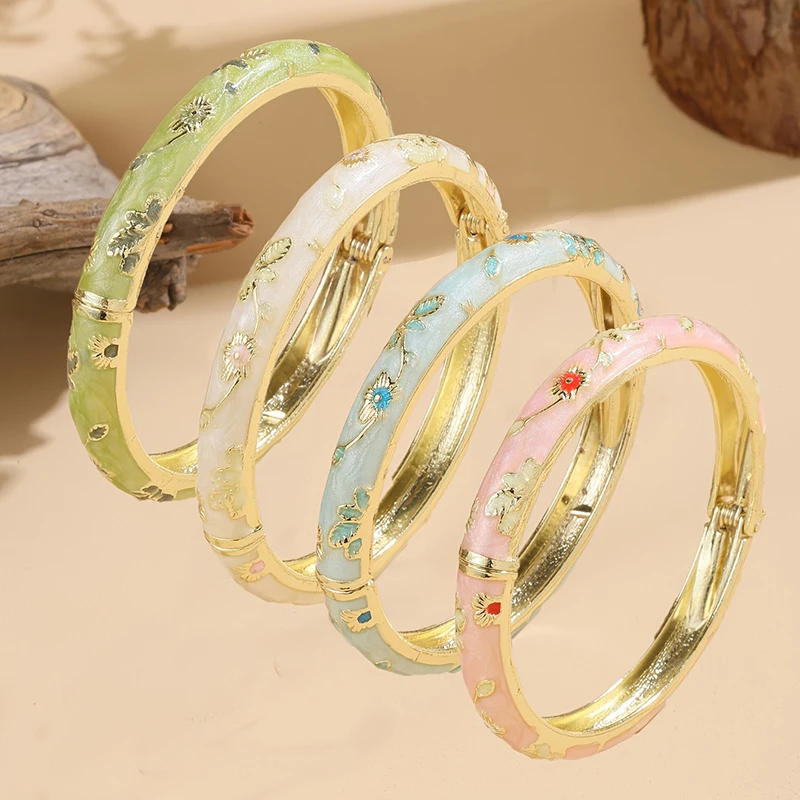 Jardme 3 Pcs Enamel Cloisonne Bracelet For Women Vintage Ethnic Peony Filigree Flower Elegant Bracelet Set