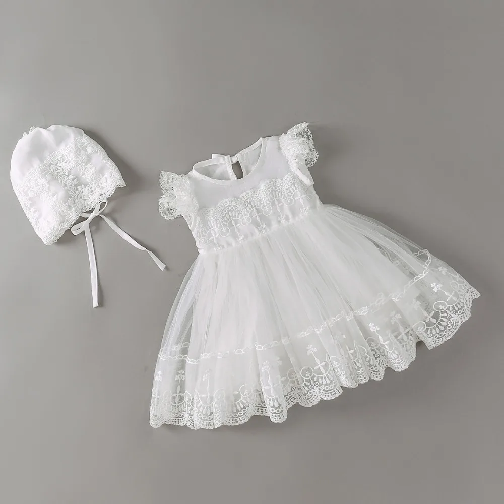 Baby Dress with Cap White Embroidery Lace Girl Christening Gowns 1 Year Birthday Dress Newborn Clothes for 3-24M
