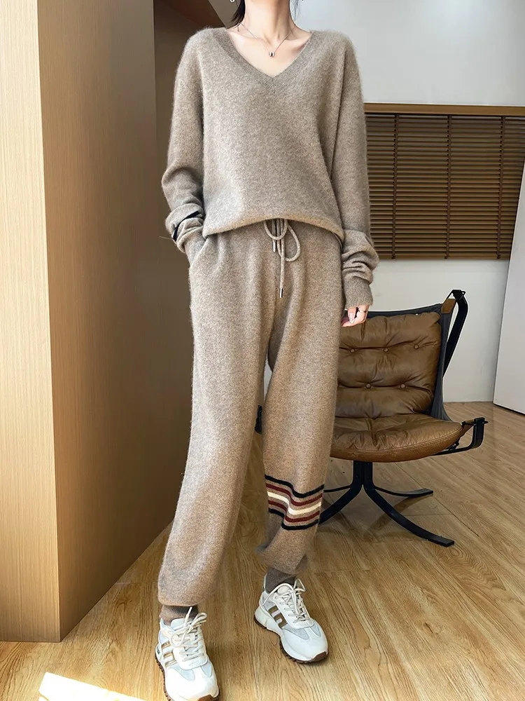 2024 Fall Winter Wool Knitted 2 Piece Suits Women Long Sleeve Solid color V-neck Top High Waist Jogging Pants Set Fashion Outfit