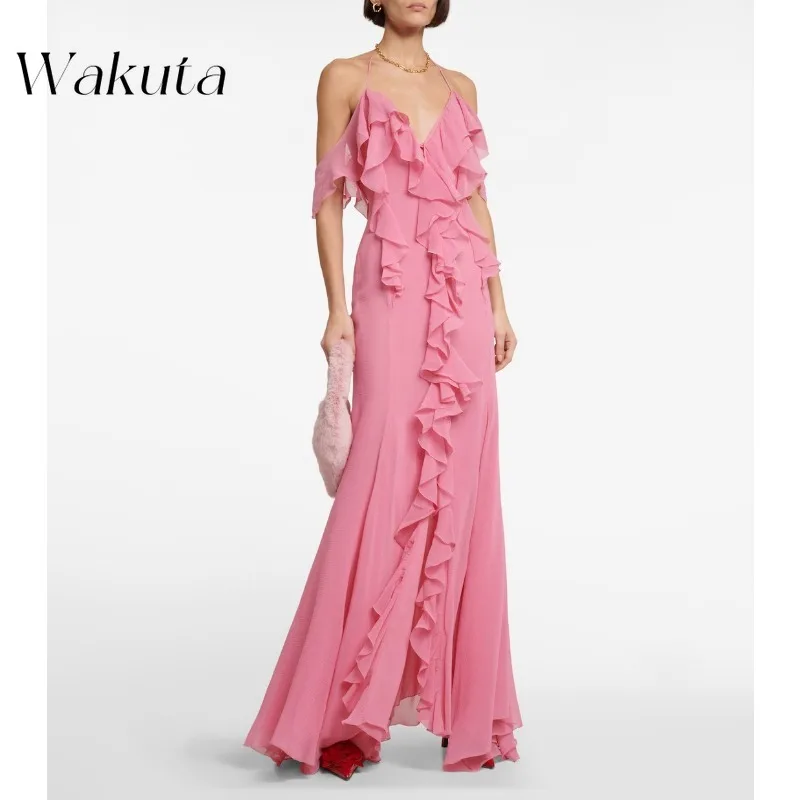 

WAKUTA American Sexy Deep V Hanging Neck Lace Sling Dress Fashion Backless Ruffle Chiffon Split Cocktail Vestidos Elegante Mujer