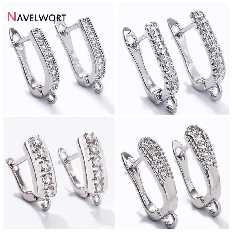 Trendy Rhodium Plated Earwire Fixtures Basic Fastener Inlaid Zircon Earring Hook Clasps Fittings DIY Handmade Crafts Wholesale