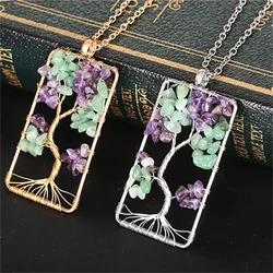 Natural Amethyst Jade Stone Square Tree of Life Lucky Pendant for Woman Handmade Crystal Reiki Healing Amulet Necklace Jewelry